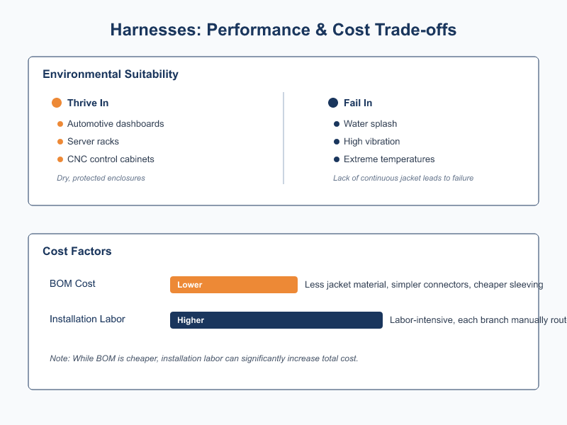 Lifecycle cost and failure rate comparison chart for harness vs assembly in harsh environments