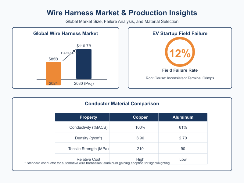 Key data trends infographic: wire harness market size, top manufacturers, and regional shifts