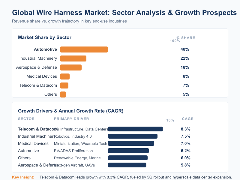 Key data trends infographic: wire harness market size by industry 2024