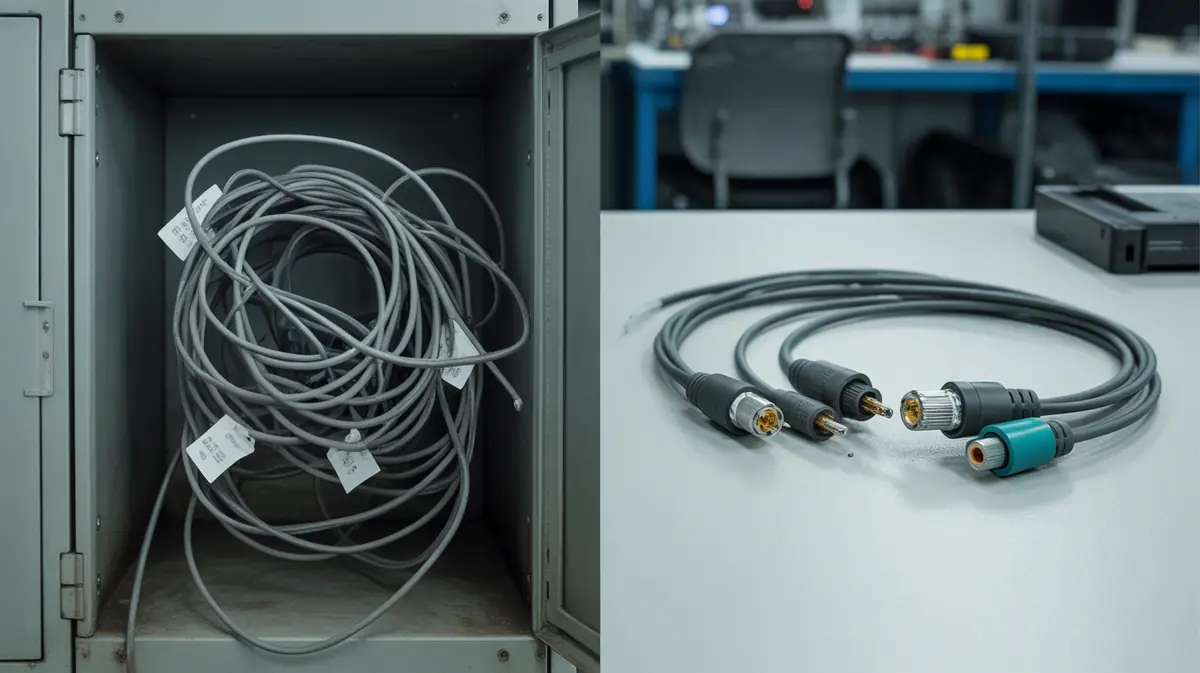 Side-by-side comparison of a wire harness with exposed branches and a rugged, sealed cable assembly