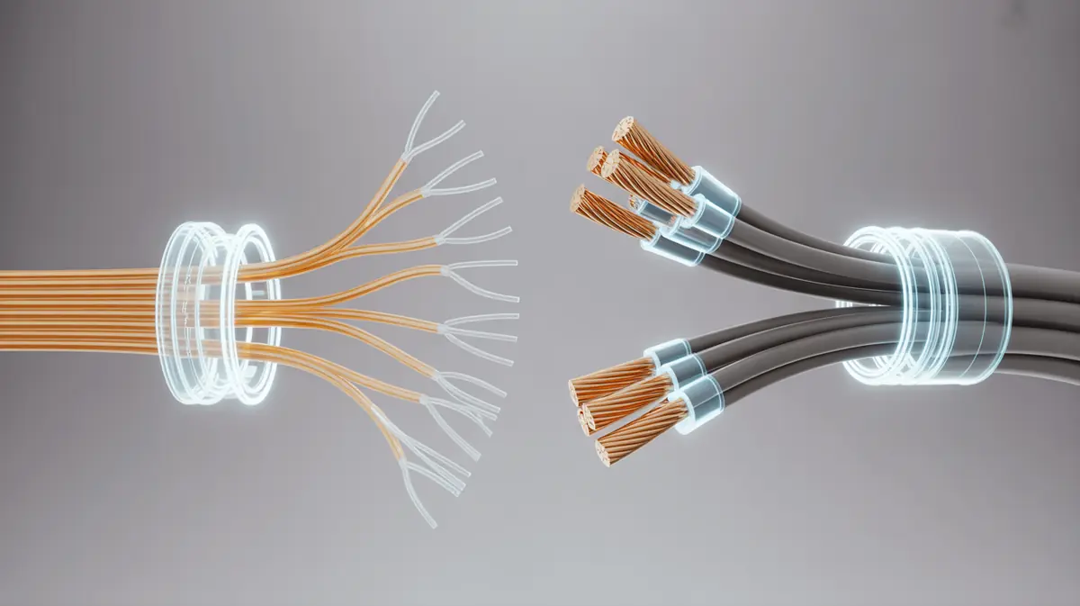 Detailed close-up of a wire harness branching structure versus a jacketed cable assembly with overmolded connector