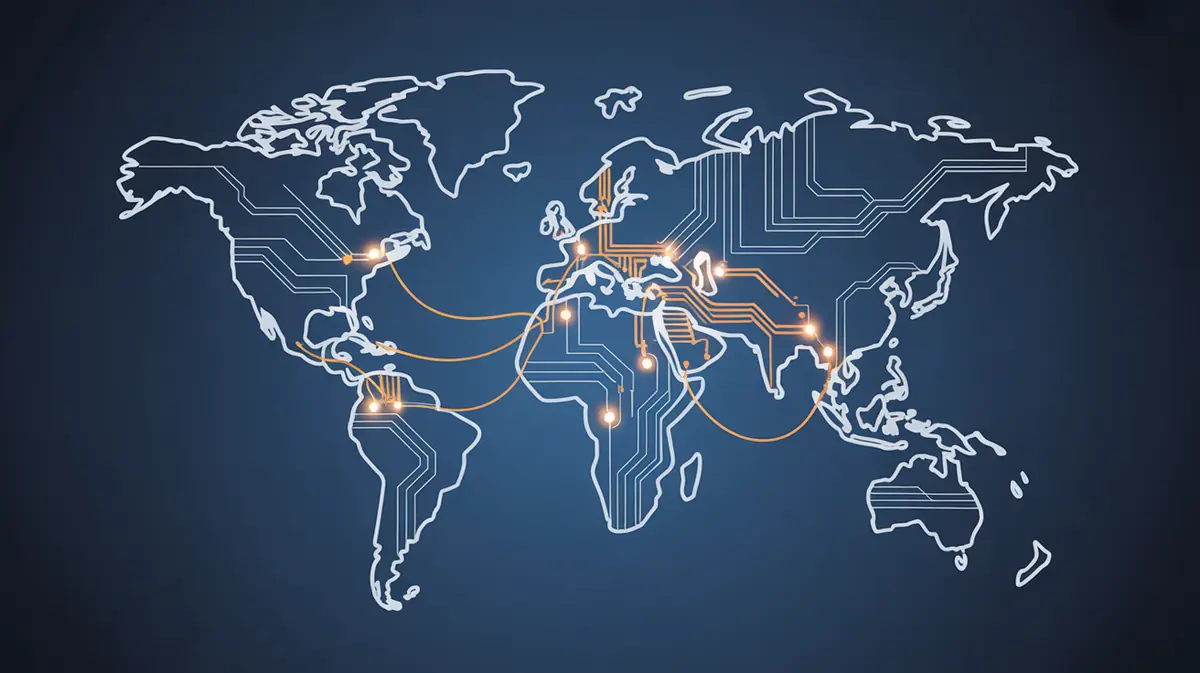 Widescreen 16:9 composition. A stylized global map formed from luminous circuit