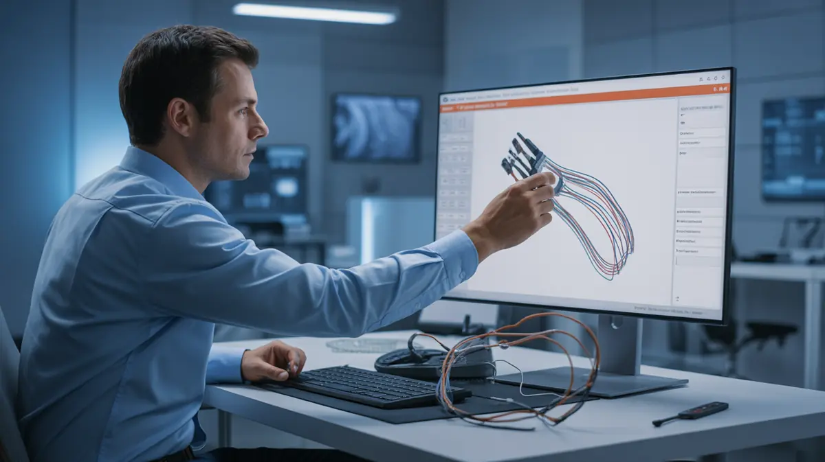 Engineer reviewing a 3D harness model with thermal simulation overlay
